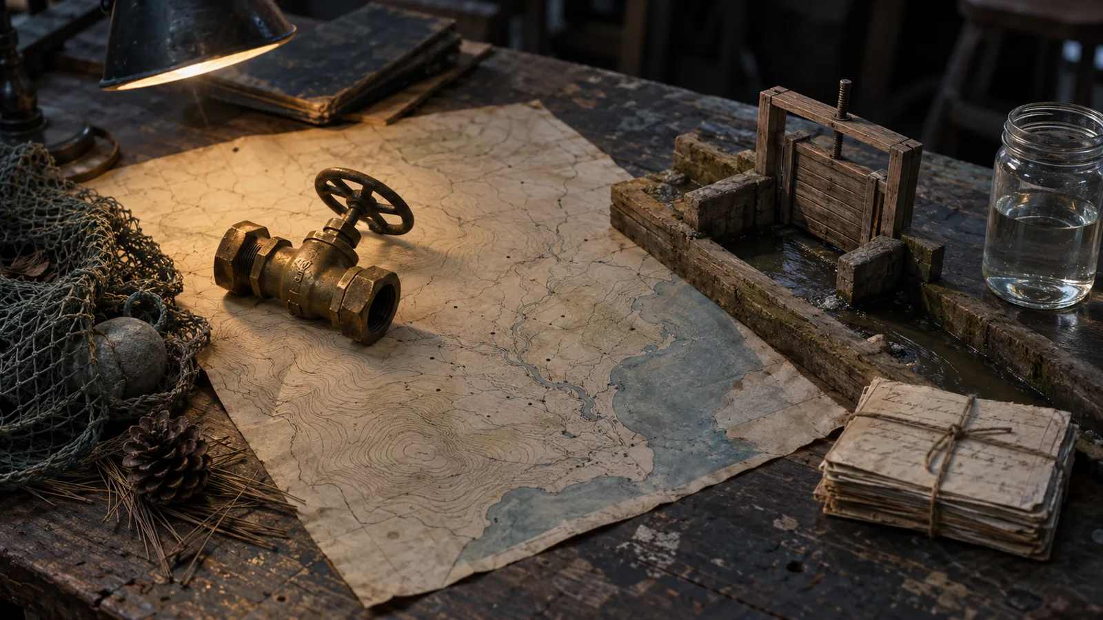 Mesa de trabajo con un mapa antiguo de una cuenca costera de agua subterránea, una válvula de bronce, un modelo de compuerta de riego en madera, un fragmento de red de pesca y fichas de casos atadas con cordel, evocando la investigación de Elinor Ostrom sobre el gobierno de los bienes comunes
