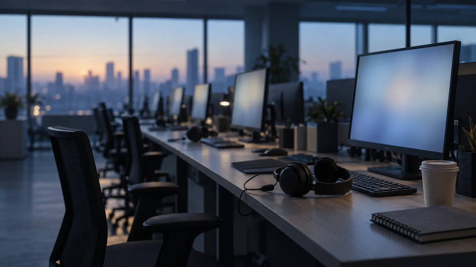 Centro de atención al cliente vacío al amanecer, con diademas de auriculares sobre los escritorios y monitores encendidos, evocación del estudio de Erik Brynjolfsson sobre inteligencia artificial y productividad en el trabajo