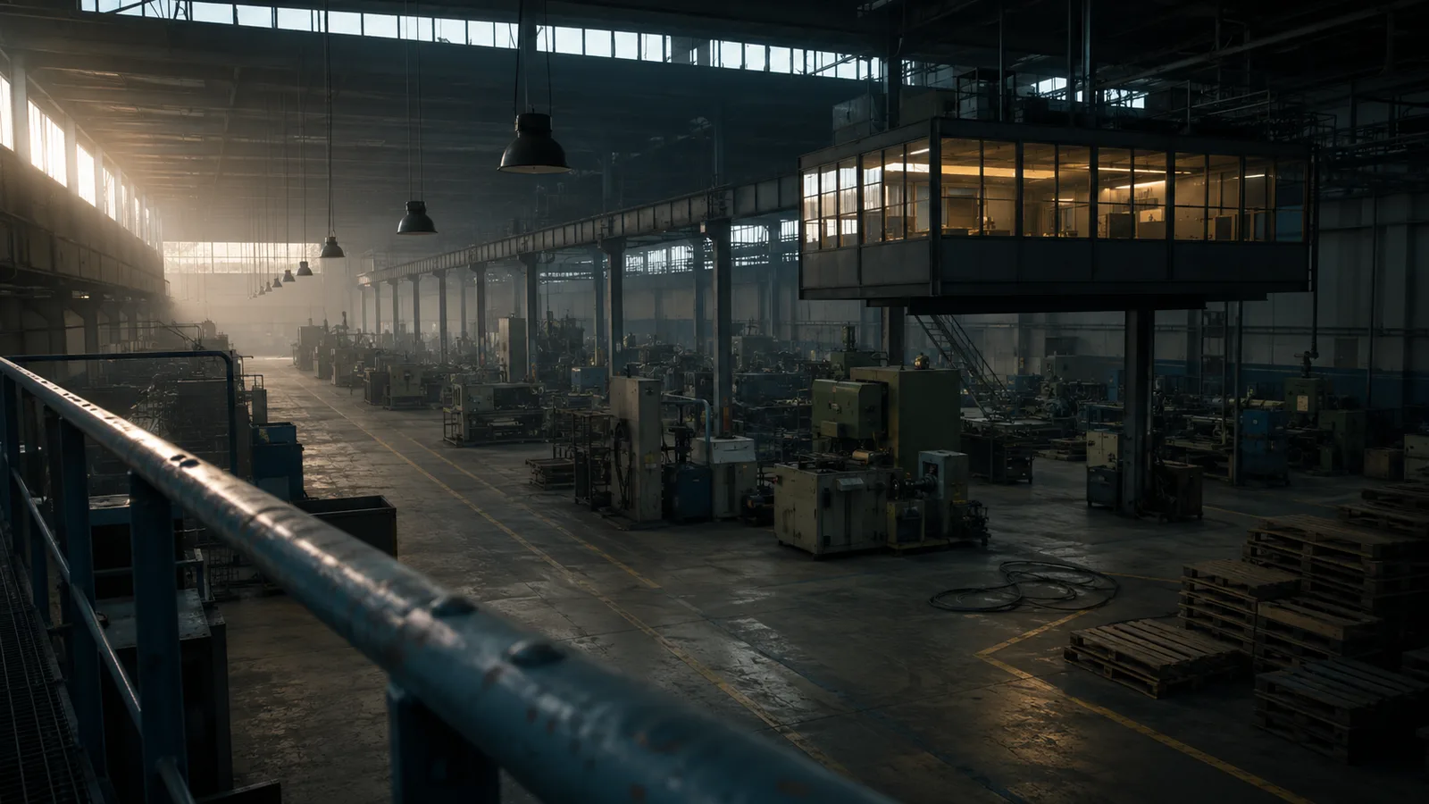Nave industrial vacía vista desde una pasarela elevada al amanecer, con una oficina acristalada suspendida sobre la planta, escena que ilustra la pregunta de la escuela institucionalista sobre por qué existen las empresas
