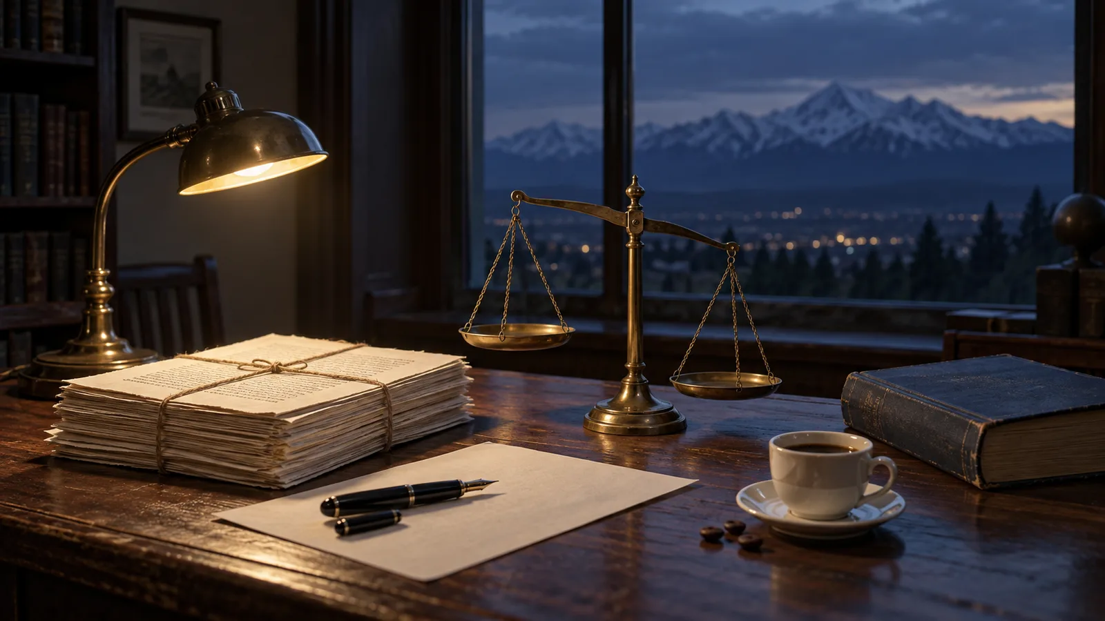 Estudio en penumbra junto a una ventana con la cordillera de los Andes al atardecer, con un fajo de páginas mecanografiadas atado con cordel, una pluma estilográfica, un pocillo de café y una balanza de platillos de bronce desequilibrada, escena que evoca la teoría de la dependencia de Fernando Cardoso y Enzo Faletto