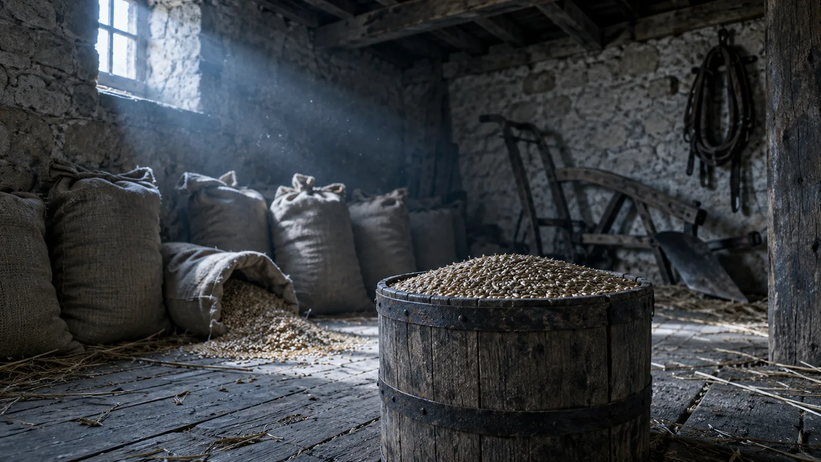 Interior de un granero de piedra francés del siglo XVIII al amanecer, con sacos de trigo, una medida de madera llena de grano de siembra y un arado antiguo: imagen que evoca el producto neto y los avances del agricultor en la fisiocracia de François Quesnay