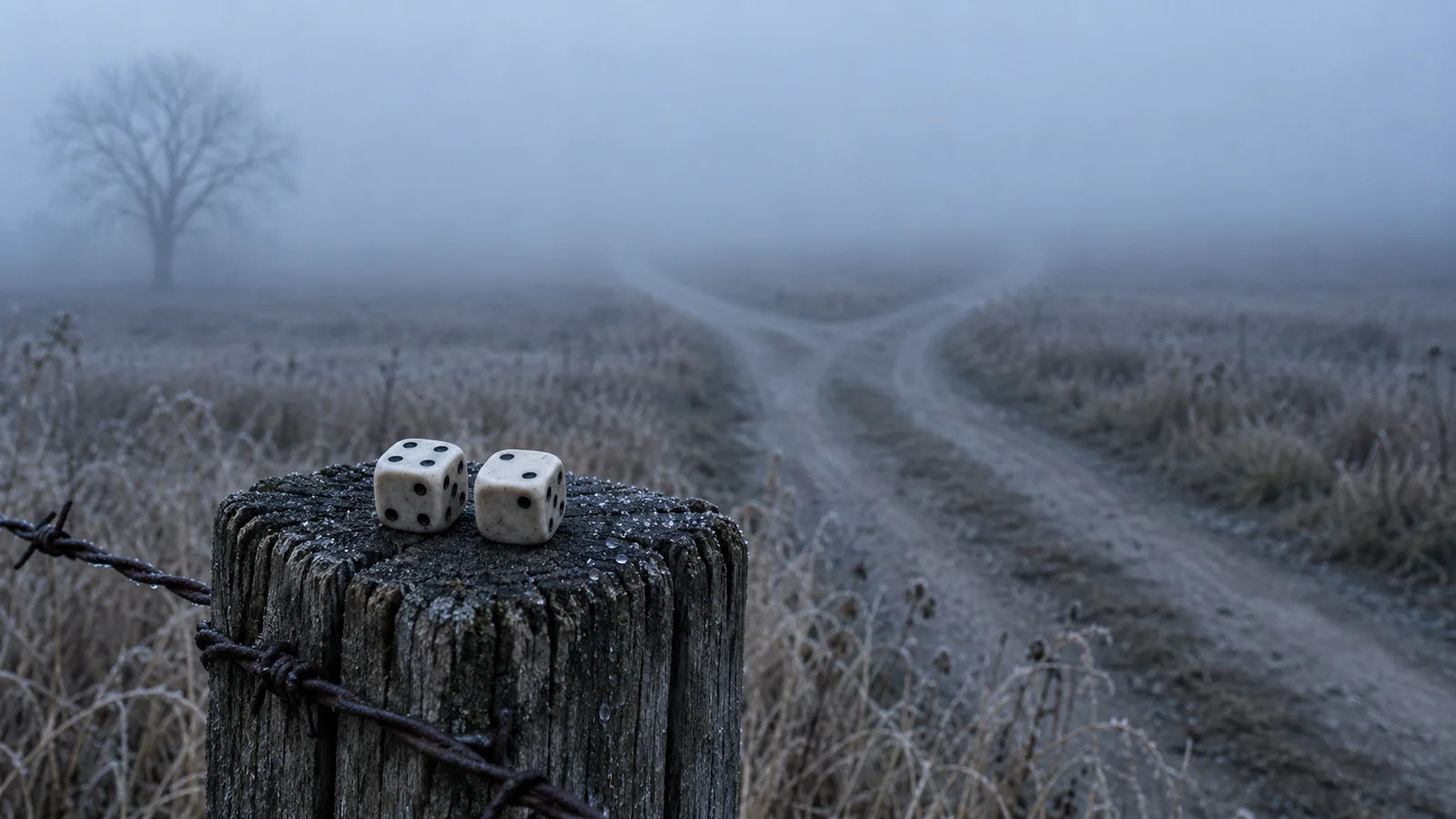 Dos dados sobre el poste de una cerca en primer plano y, detrás, un camino rural de la pradera de Illinois que se bifurca y se pierde en la niebla: imagen que evoca la distinción de Frank Knight entre riesgo medible e incertidumbre