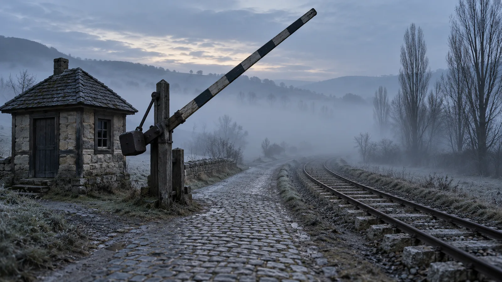 Barrera de aduana de madera levantada en un antiguo paso rural alemán junto a una vía férrea primitiva que se pierde en la niebla: imagen que evoca el Zollverein y los ferrocarriles que defendió Friedrich List