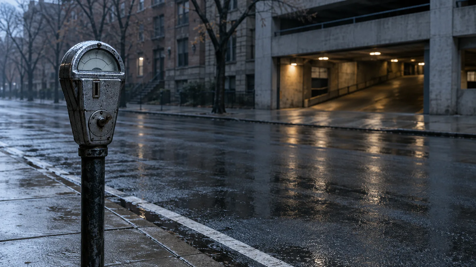 Parquímetro antiguo en una acera mojada de Nueva York y, al fondo, la entrada de un parqueadero: escena que evoca el cálculo de costos y beneficios con el que Gary Becker explicó el crimen