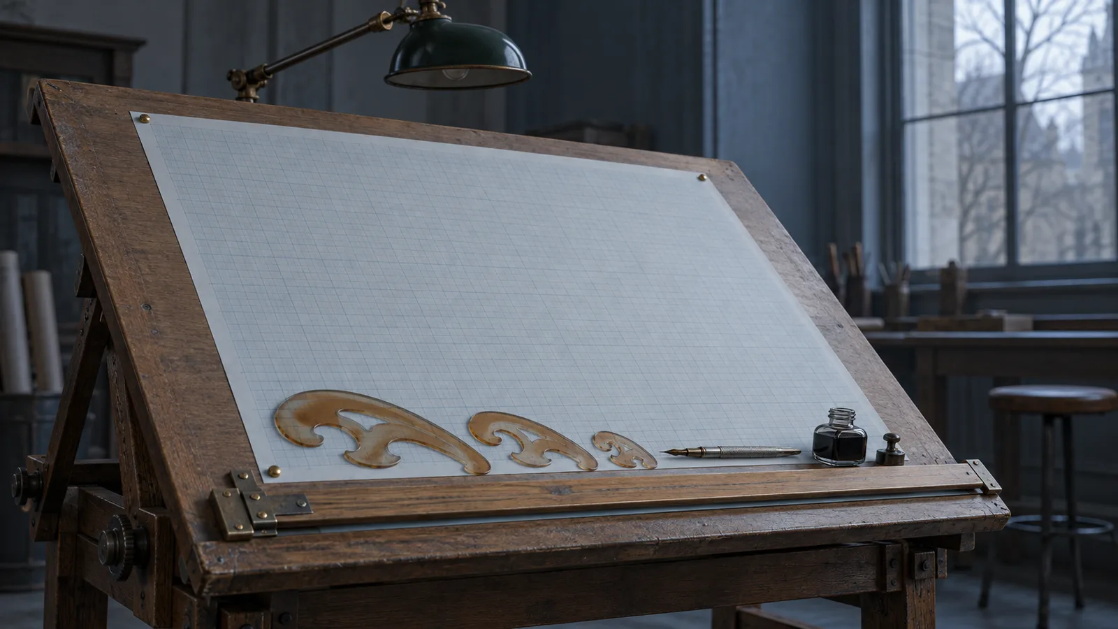 Mesa de dibujo técnico de los años treinta con papel milimetrado en blanco, plantillas de curvas francesas, una pluma y un tintero: escena que evoca a Jacob Viner y a su dibujante Y. K. Wong