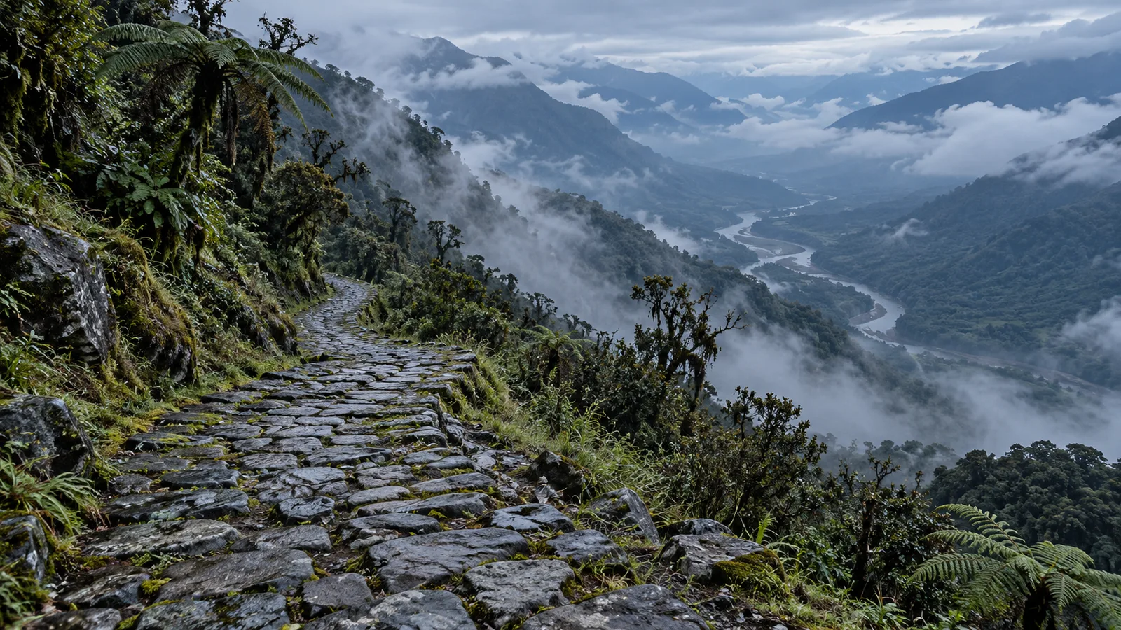 Camino empedrado de herradura que baja entre niebla por una ladera andina hacia un valle, escena que evoca la periferia colombiana estudiada por James A. Robinson