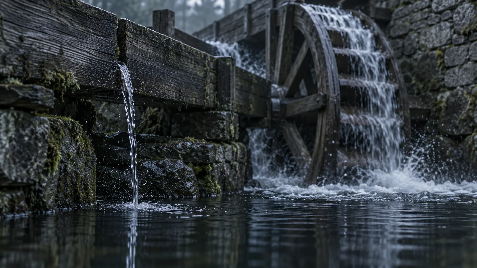 Rueda hidráulica de madera movida por un canal con una rendija por la que se escapa agua, imagen del circuito de la ley de Say y de su fuga por el ahorro