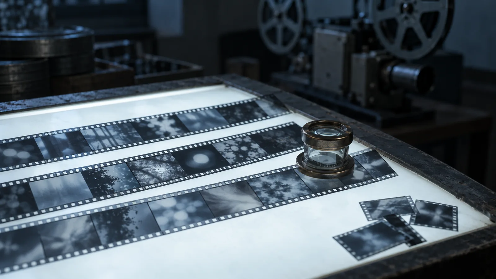 Tiras de película con fotogramas fijos sobre una mesa de luz y un proyector apagado al fondo, imagen de la crítica de Joan Robinson a comparar equilibrios en lugar de estudiar procesos