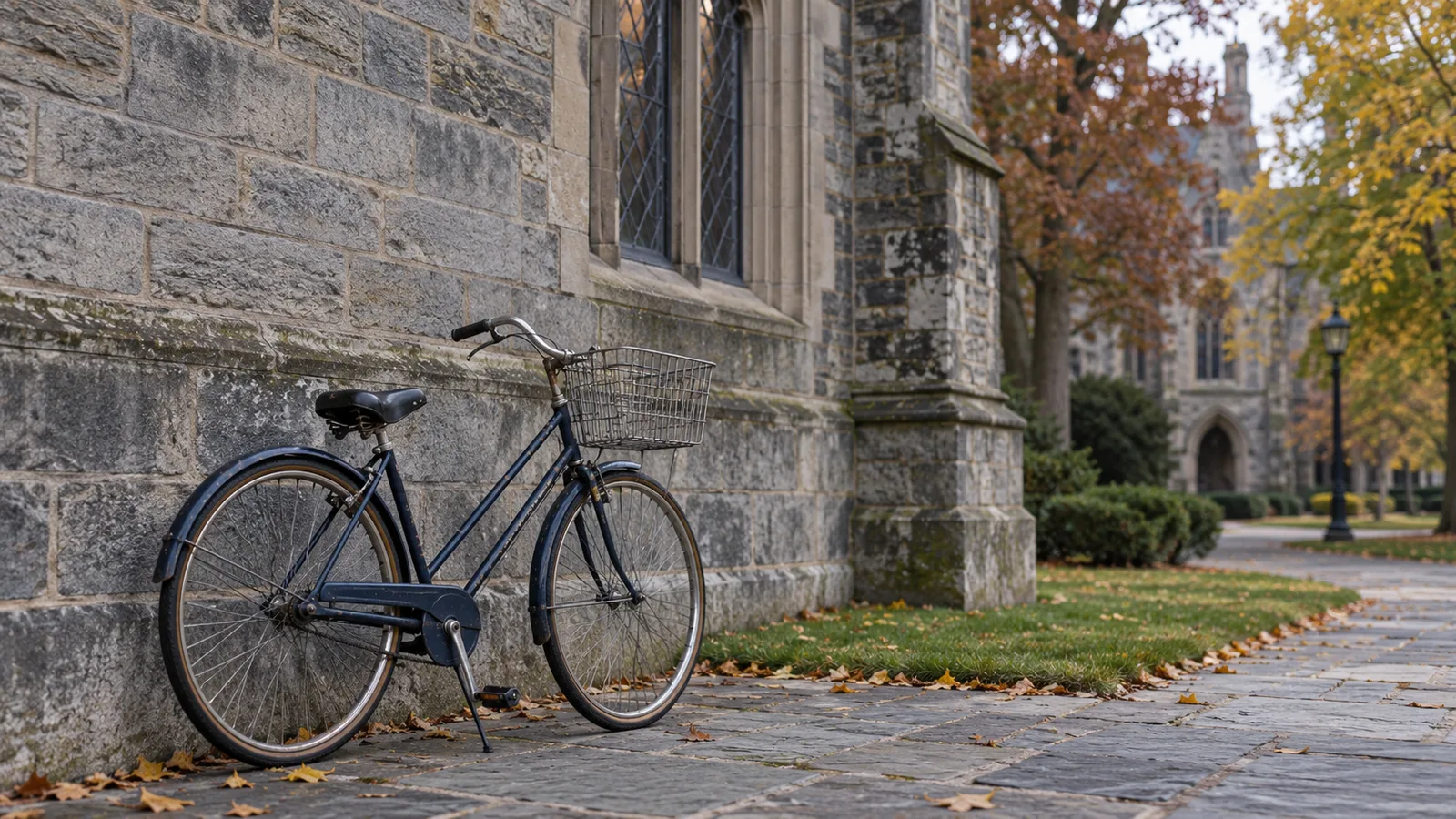 Bicicleta antigua apoyada en el muro de piedra de un edificio universitario de estilo gótico en otoño, imagen alusiva a John Nash en el campus de Princeton