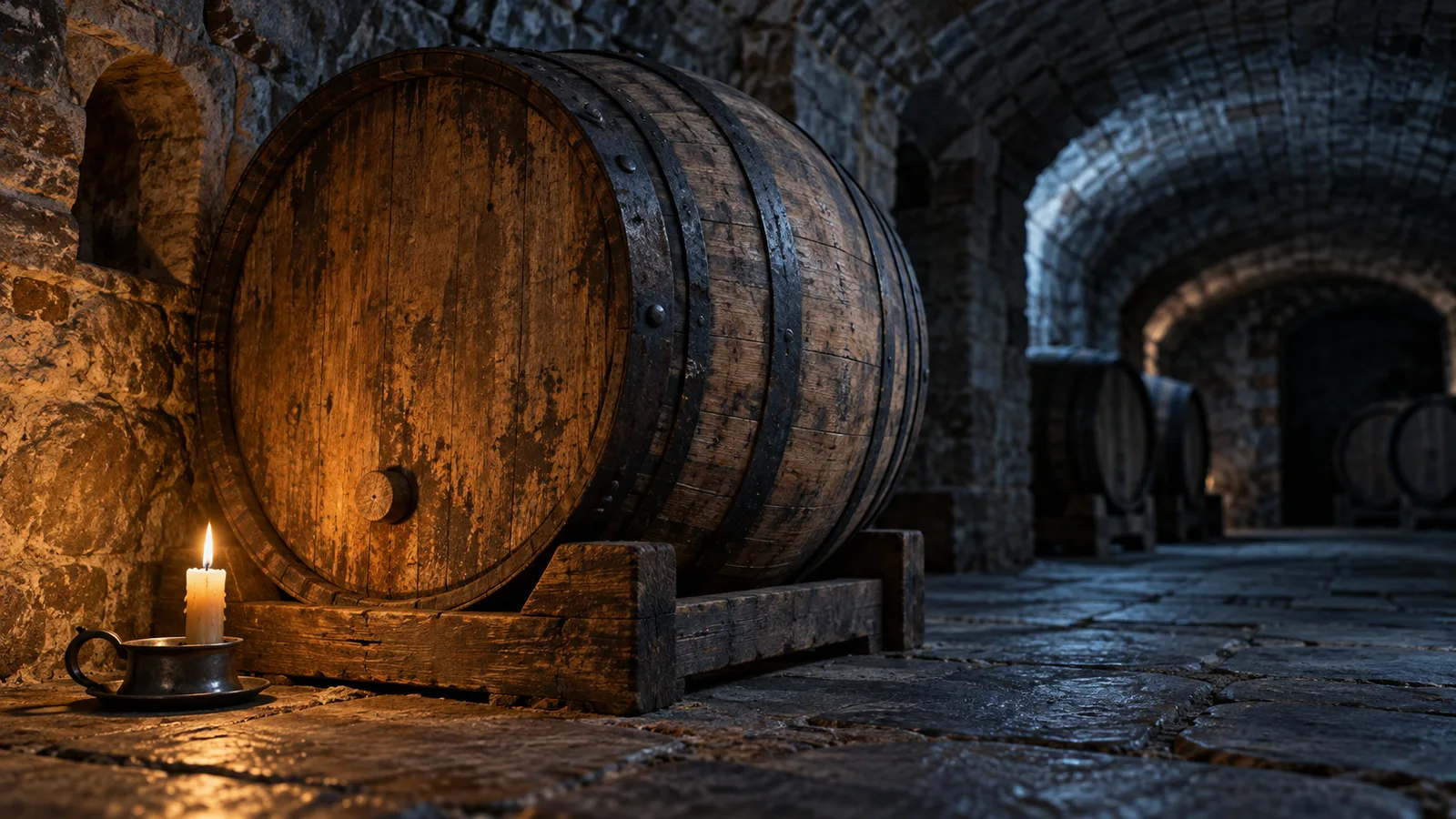 Barril de roble sobre un soporte de madera en una bodega abovedada de piedra, imagen alusiva al ejemplo del vino con que John Ramsay McCulloch discutió el valor en sus Principles de 1825