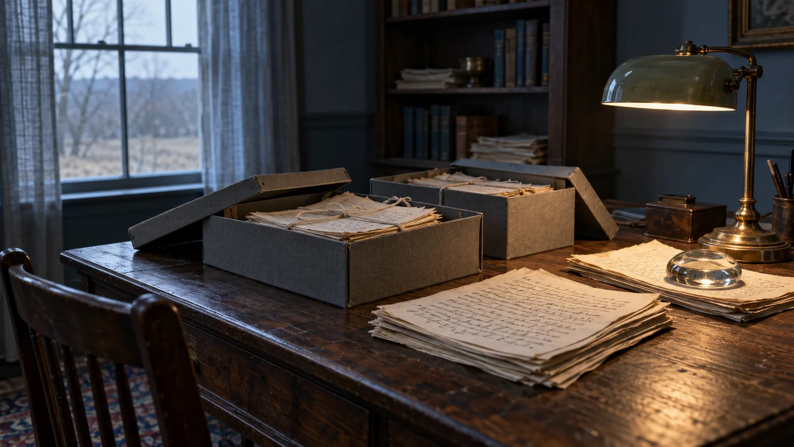 Cajas de archivo abiertas y pilas de hojas manuscritas sobre un escritorio de madera en un estudio de Nueva Inglaterra a comienzos de 1950, imagen alusiva al manuscrito inconcluso de la Historia del análisis económico de Joseph Schumpeter