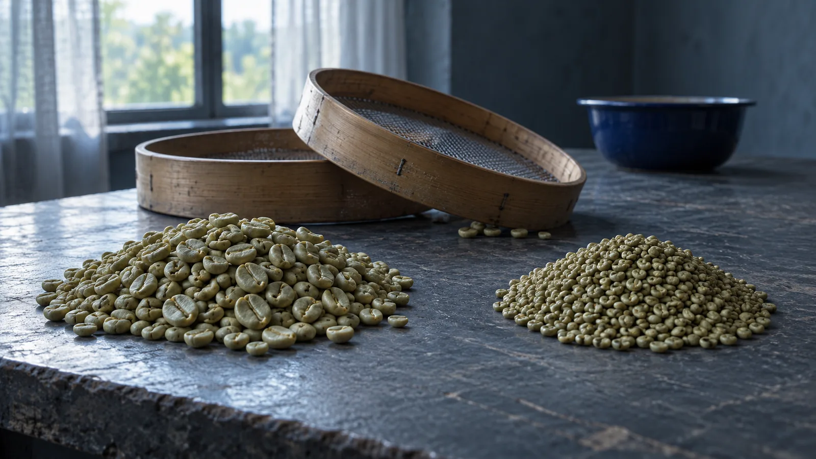 Cribas de madera y granos de café verde separados en dos montones sobre una mesa de pizarra con luz fría de mañana, imagen alusiva al screening de Joseph Stiglitz: clasificar sin ver por dentro