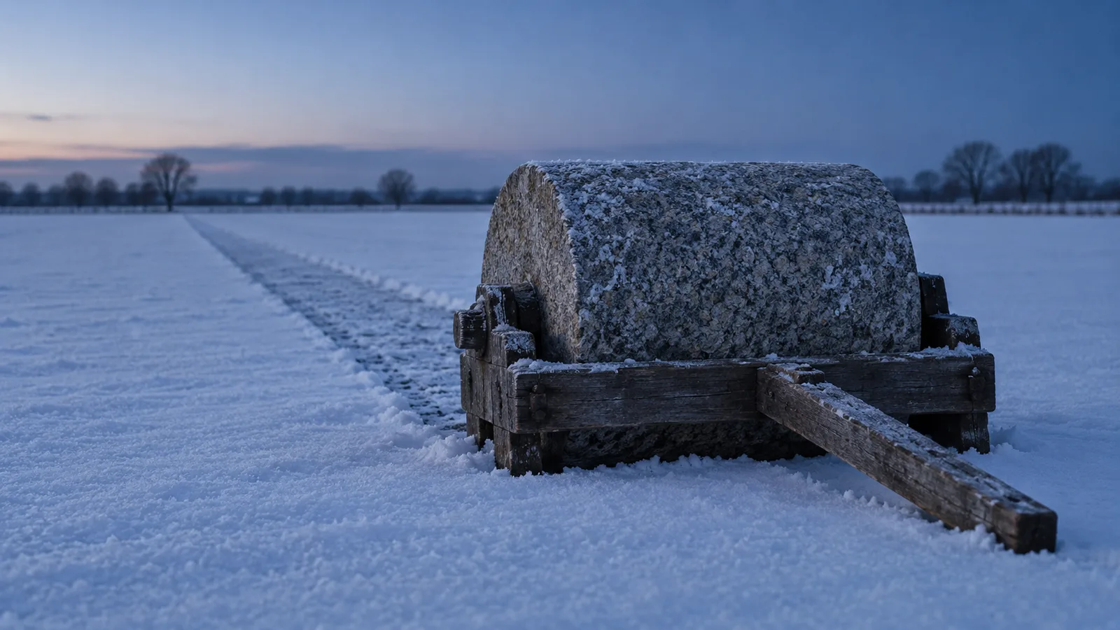 Rodillo agrícola de piedra detenido en un campo llano y nevado, con la huella de su rodada detrás: escena que evoca el cilindro con que Knut Wicksell explicó el proceso acumulativo de los precios