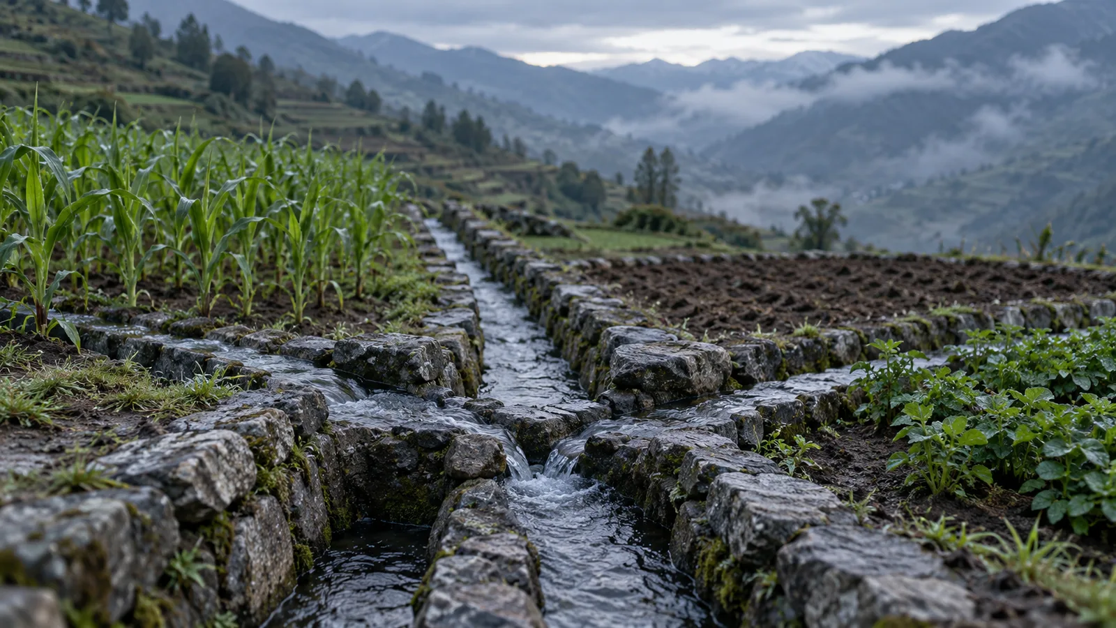 Acequia de piedra en una ladera andina que se divide en tres cauces hacia parcelas distintas al amanecer: escena que evoca los medios escasos con usos alternativos del Ensayo de Lionel Robbins