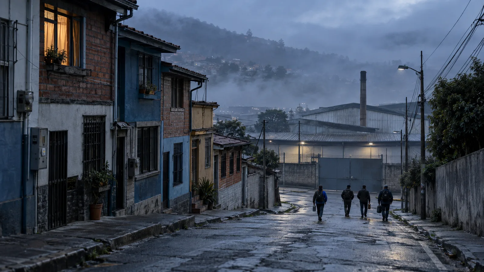 Lucha de clases: fachadas de un barrio obrero colombiano frente a una bodega industrial al amanecer, con trabajadores de espaldas camino al turno