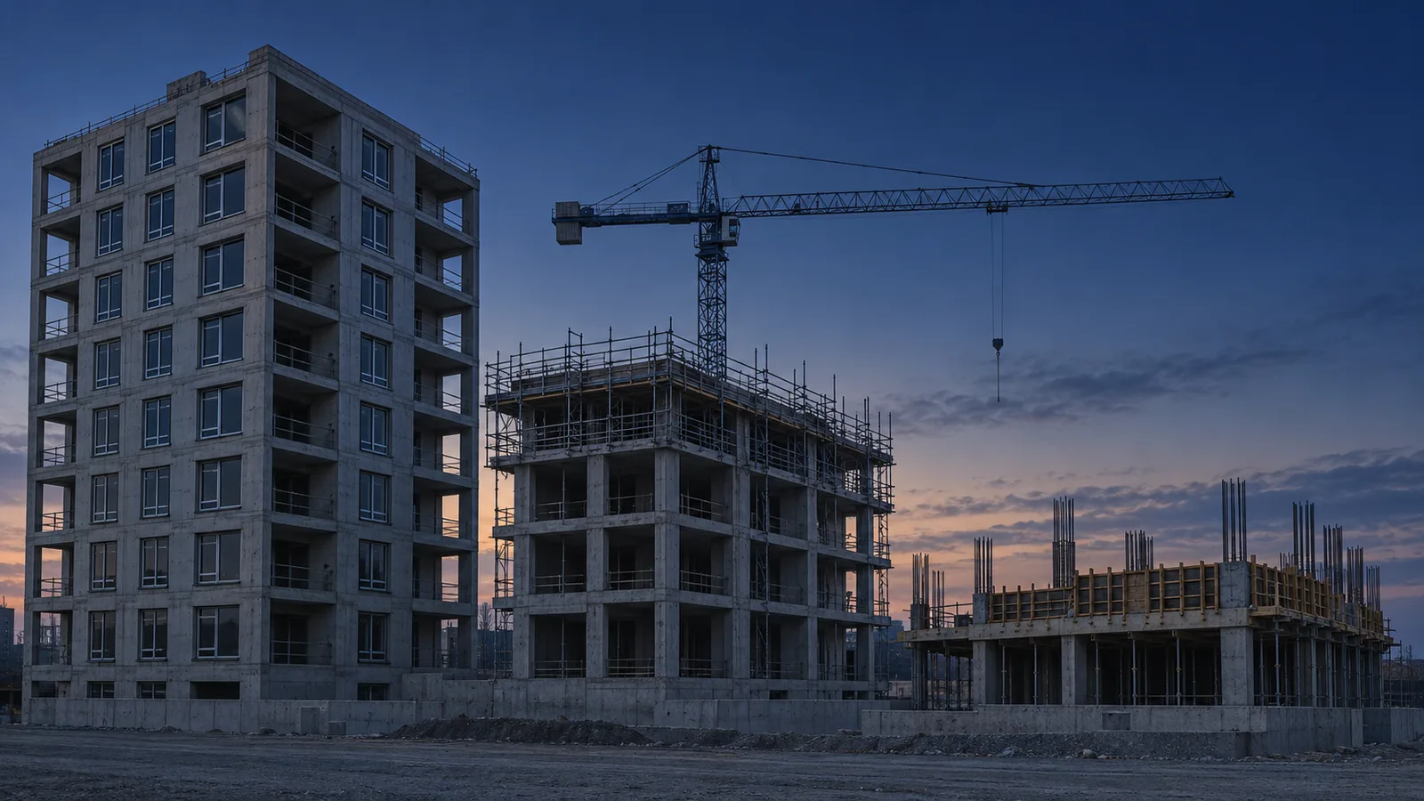 Tres edificios de concreto en obra con alturas distintas y una grúa al atardecer: escena que evoca el crecimiento desigual entre sectores de la dinámica estructural de Luigi Pasinetti