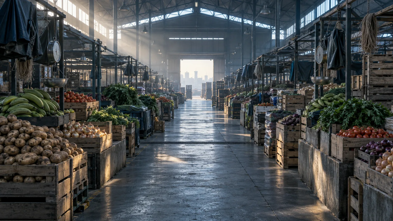 Plaza de abastos vacía al amanecer con todos los puestos ya surtidos de frutas y verduras, imagen de la coordinación sin plan central que describe la mano invisible de Adam Smith