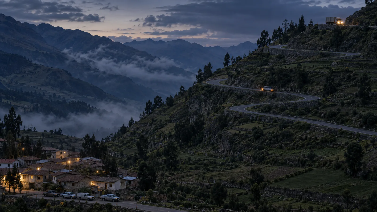 Carretera de montaña andina al anochecer con un solo camión de carga cerca del alto y varias camionetas detenidas en el pueblo del valle, evocación del umbral de productividad del modelo de Marc Melitz