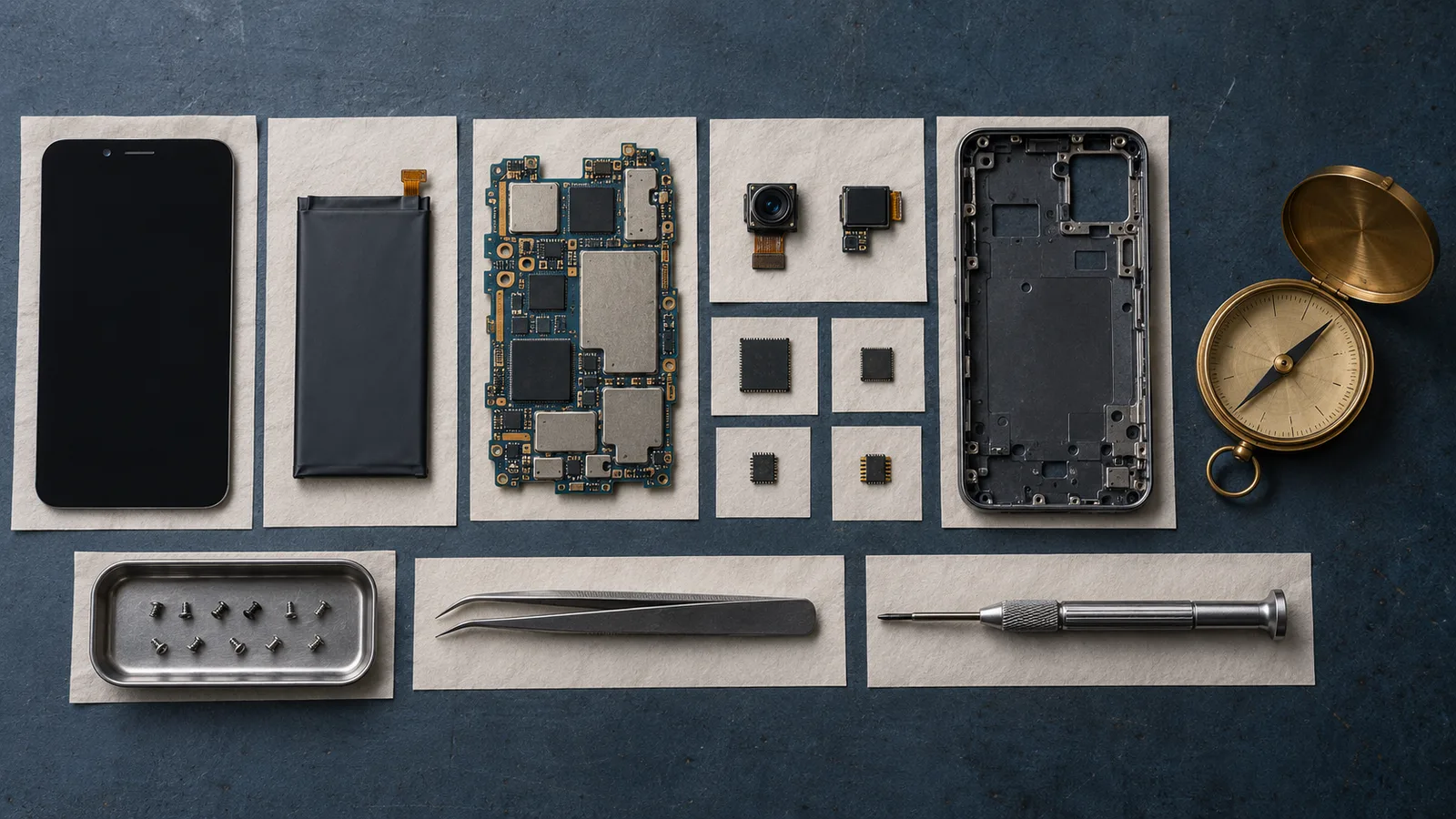 Componentes de un teléfono inteligente desarmado y ordenados en filas sobre una mesa de laboratorio azul pizarra, junto a una brújula de bronce, evocación del Estado emprendedor de Mariana Mazzucato