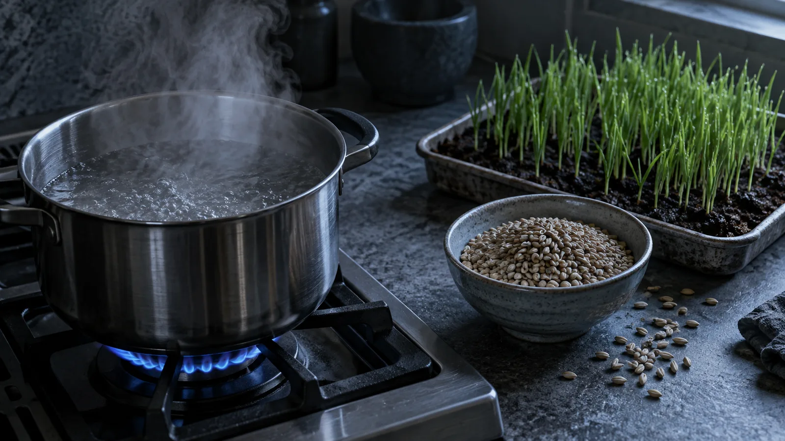 Materialismo dialéctico: olla de agua empezando a hervir junto a granos de cebada y brotes de cebada germinando en una bandeja, sobre un mesón de cocina al amanecer