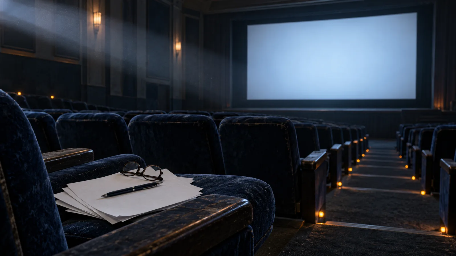 Sala de cine vacía en penumbra azul con un haz de luz sobre la pantalla en blanco y un informe sin terminar sobre una butaca, evocación del sesgo del presente que estudió Matthew Rabin