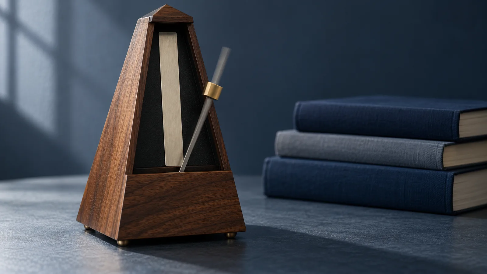 Metrónomo mecánico de madera oscura con el péndulo en movimiento sobre un escritorio azul pizarra junto a libros de tapa lisa, evocación de la regla monetaria de Milton Friedman