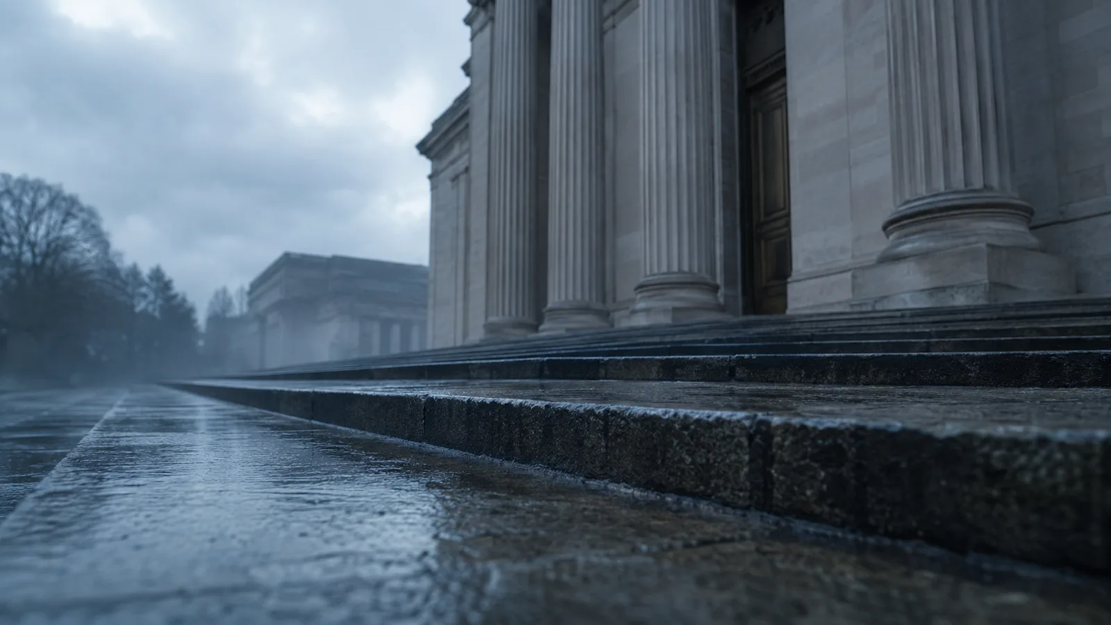 Fachada de piedra de una institución financiera al amanecer, imagen de la página sobre el monetarismo