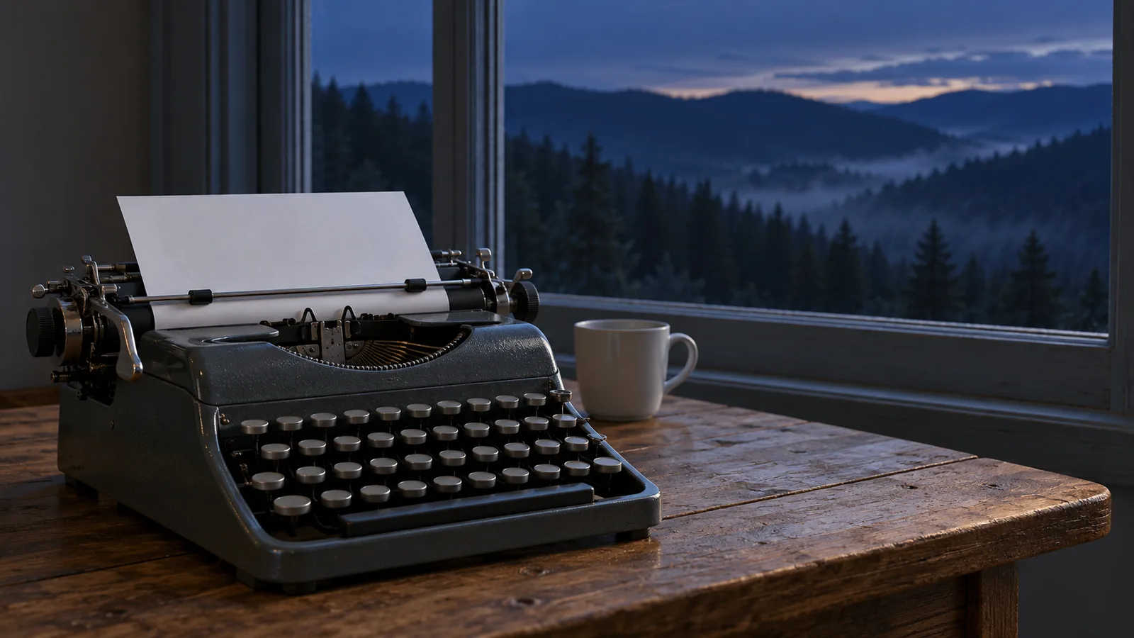Máquina de escribir antigua con una hoja en blanco sobre una mesa de madera junto a una ventana que da a colinas con pinos en la hora azul, evocación del informe tributario que Nicholas Kaldor escribió de incógnito en México en 1960