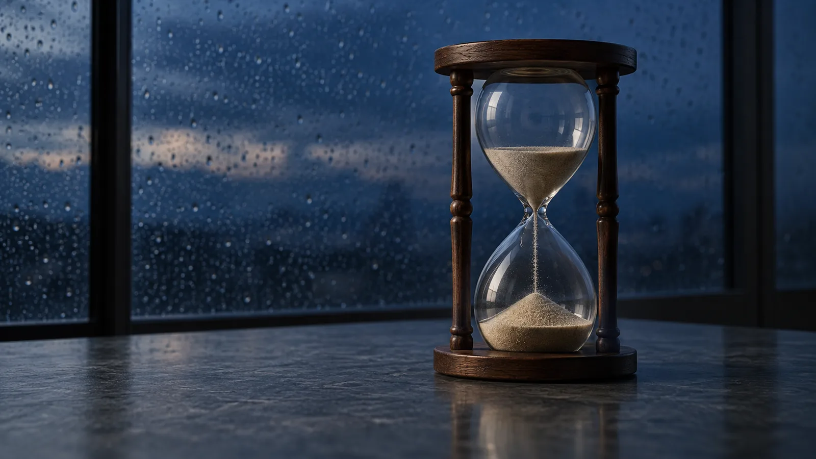 Reloj de arena de vidrio con la arena a medio caer sobre una mesa de pizarra junto a una ventana con gotas de lluvia en la hora azul, evocación del debate de Nicholas Stern sobre cuánto vale el futuro frente al presente