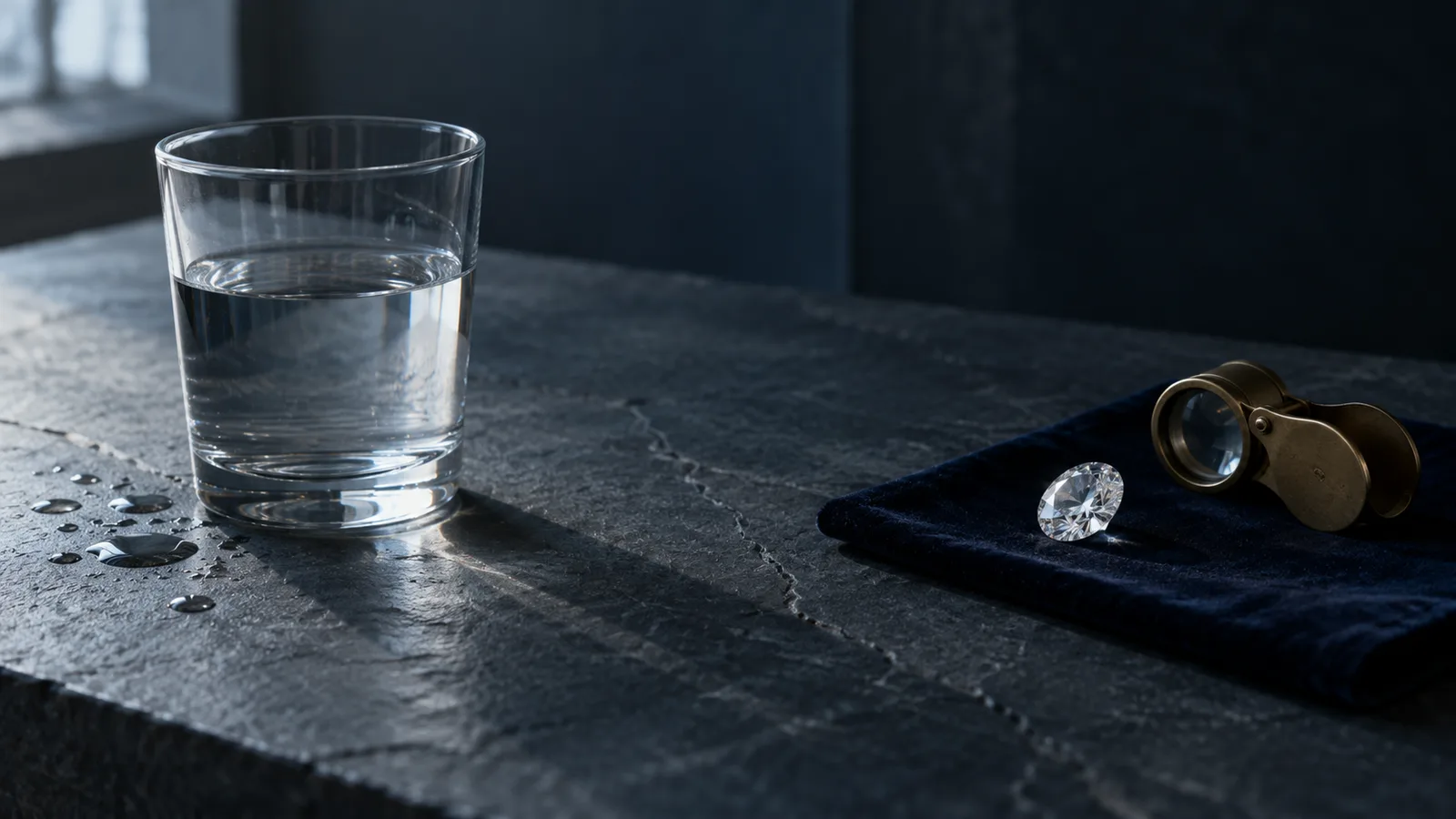 Vaso de agua y una piedra tallada sobre una mesa oscura, escena que ilustra la paradoja del agua y los diamantes