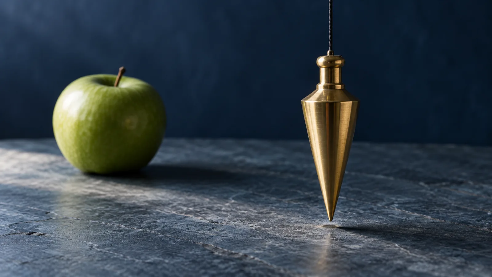 Plomada de latón en reposo sobre una mesa de piedra azul pizarra junto a una manzana verde, evocación del equilibrio estable y de los principios de máximo de Paul Samuelson