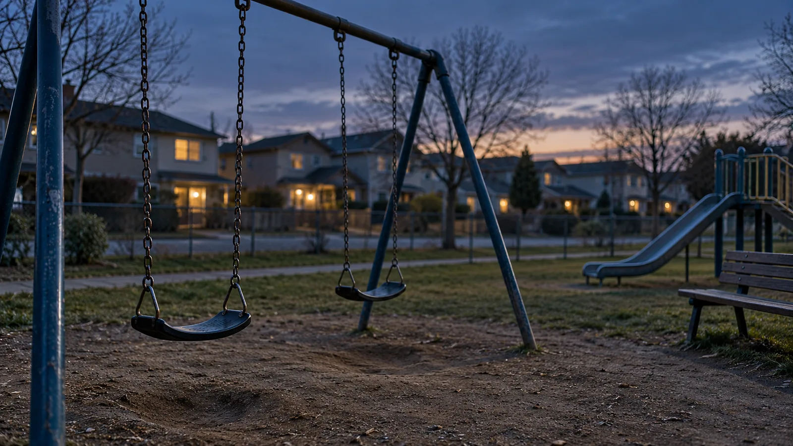 Columpios vacíos en el parque infantil de un barrio residencial al anochecer, con casas desenfocadas al fondo, evocación de la movilidad intergeneracional y del efecto del barrio que estudia Raj Chetty