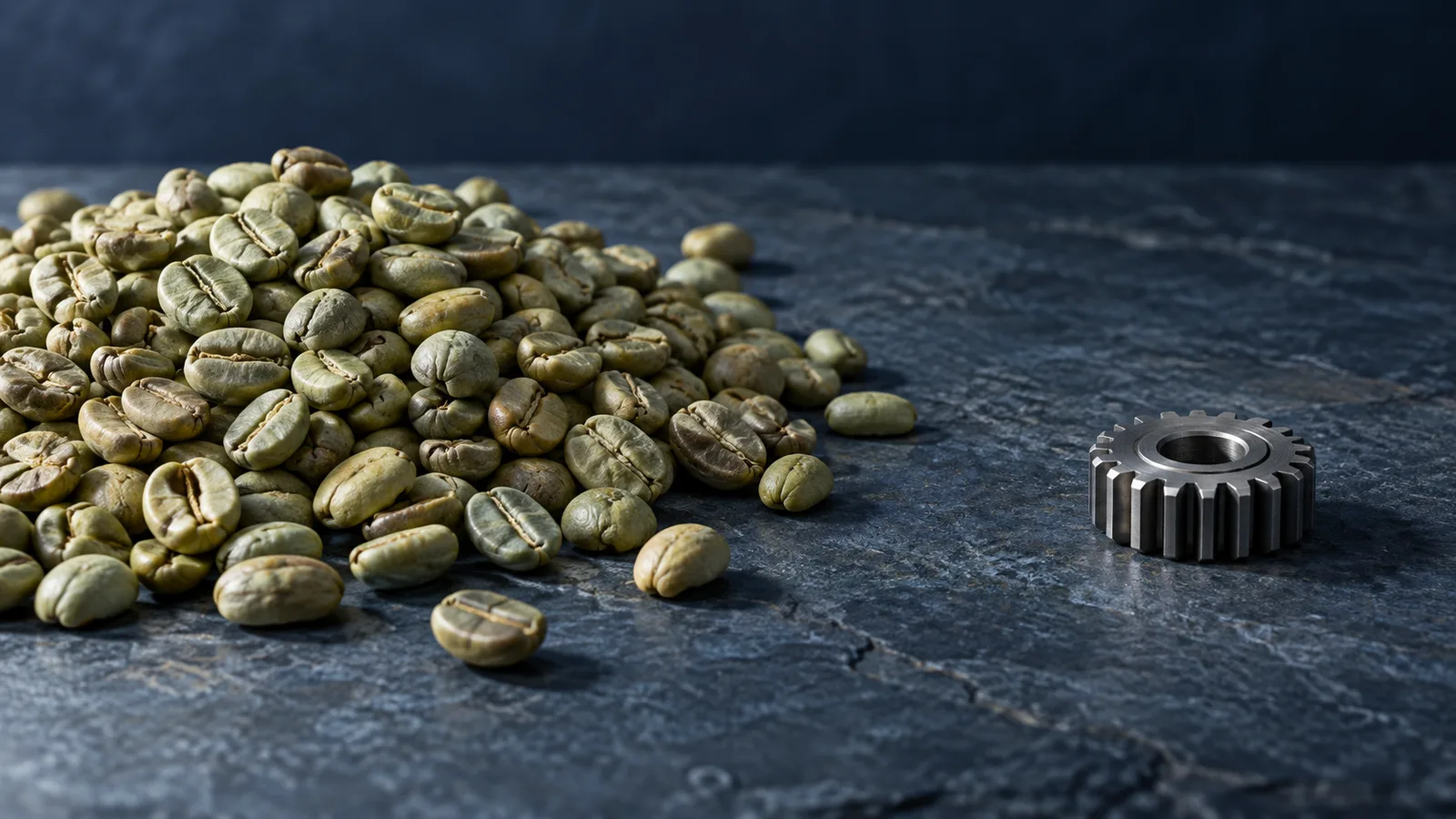 Un solo engranaje de acero mecanizado junto a un montón mucho mayor de granos de café verde sobre piedra azul pizarra, evocación de los términos de intercambio entre materias primas y manufacturas de Raúl Prebisch