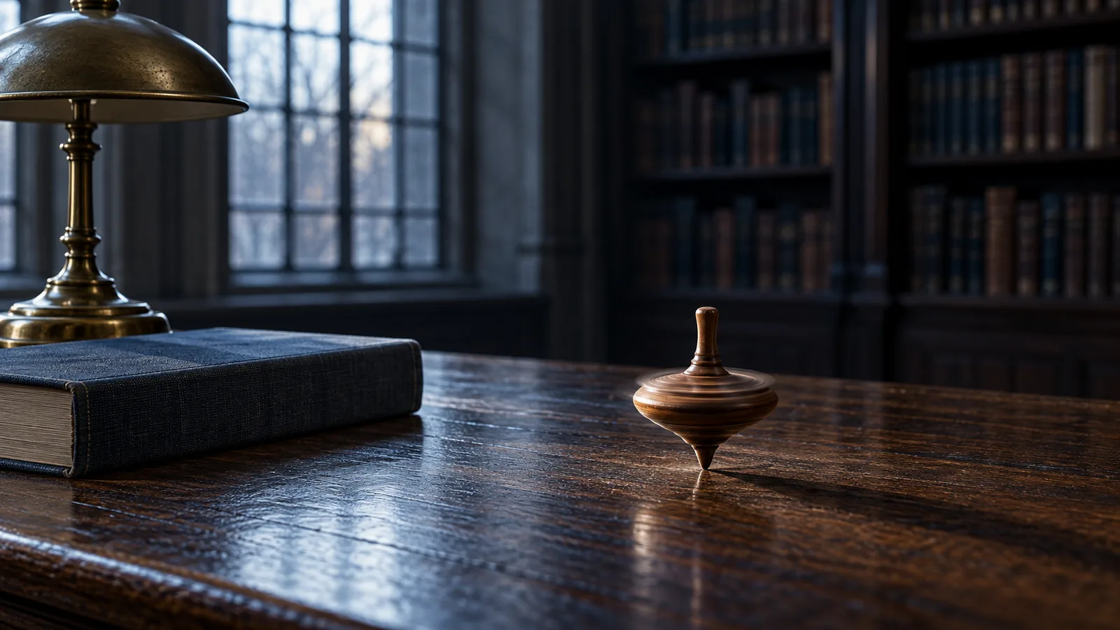 Trompo de madera girando en equilibrio sobre un escritorio antiguo de biblioteca junto a una ventana de cristales emplomados, evocación del equilibrio inestable de Roy Harrod: solo se sostiene mientras mantiene el ritmo