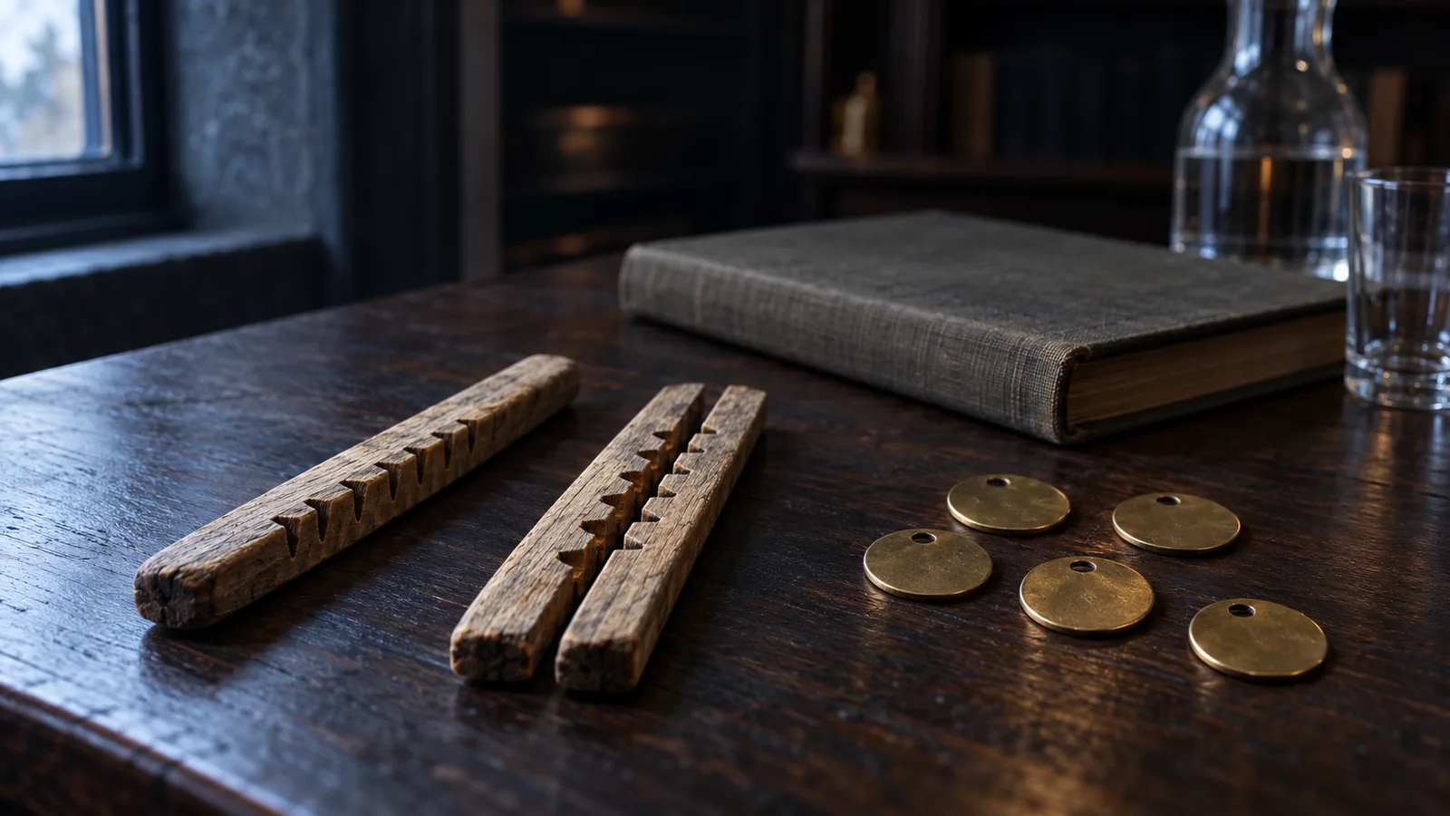Varas de tarja de madera con muescas y fichas de guardarropa de latón sin marcas sobre un escritorio oscuro junto a un libro de contabilidad cerrado, evocación de la teoría monetaria moderna de Stephanie Kelton: el dinero como ficha que el Estado emite y recibe en pago