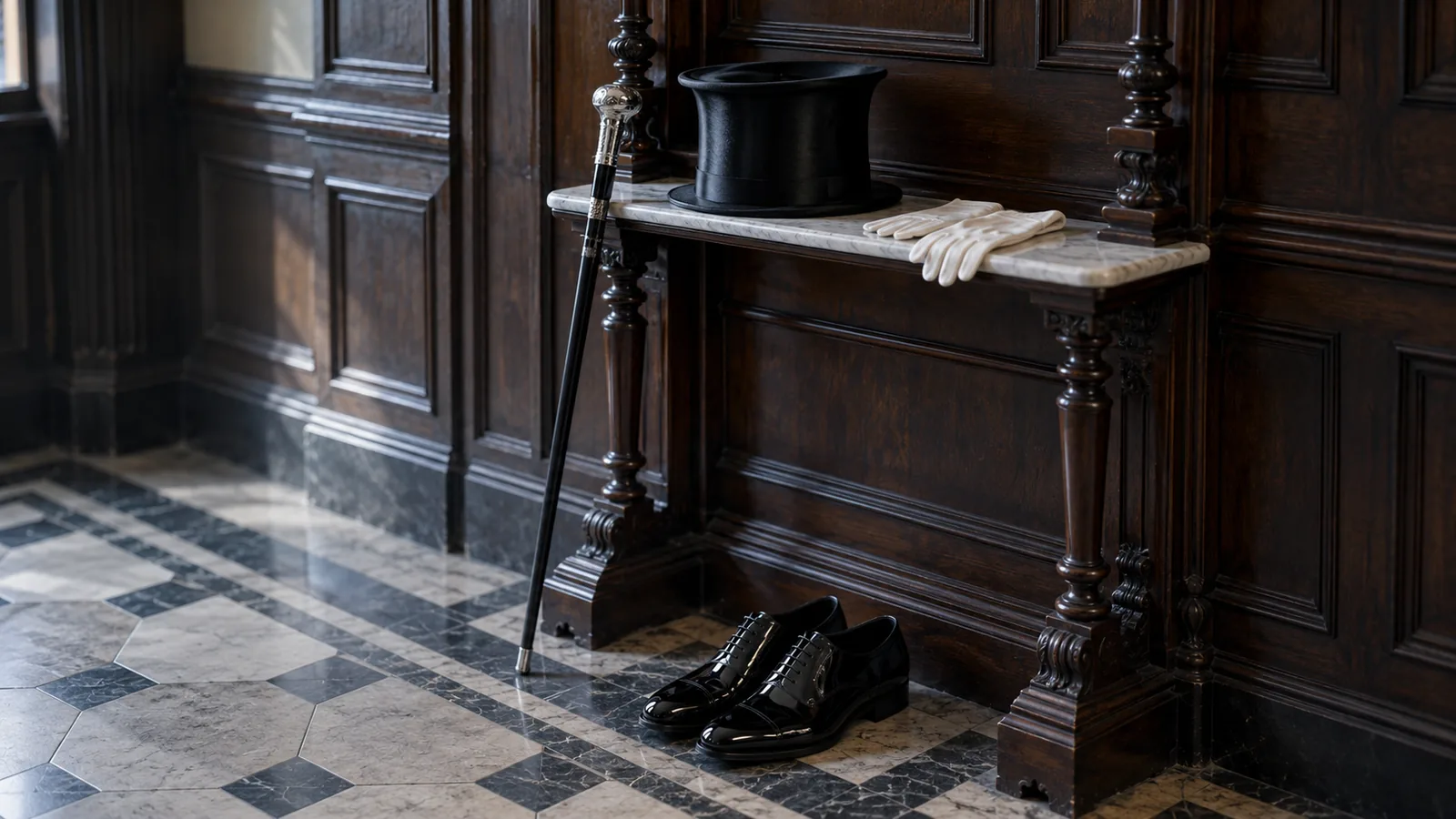 Recibidor de una casa antigua con un bastón de puño de plata, un sombrero de copa, guantes blancos y zapatos de charol, evocación del ocio conspicuo que describió Thorstein Veblen