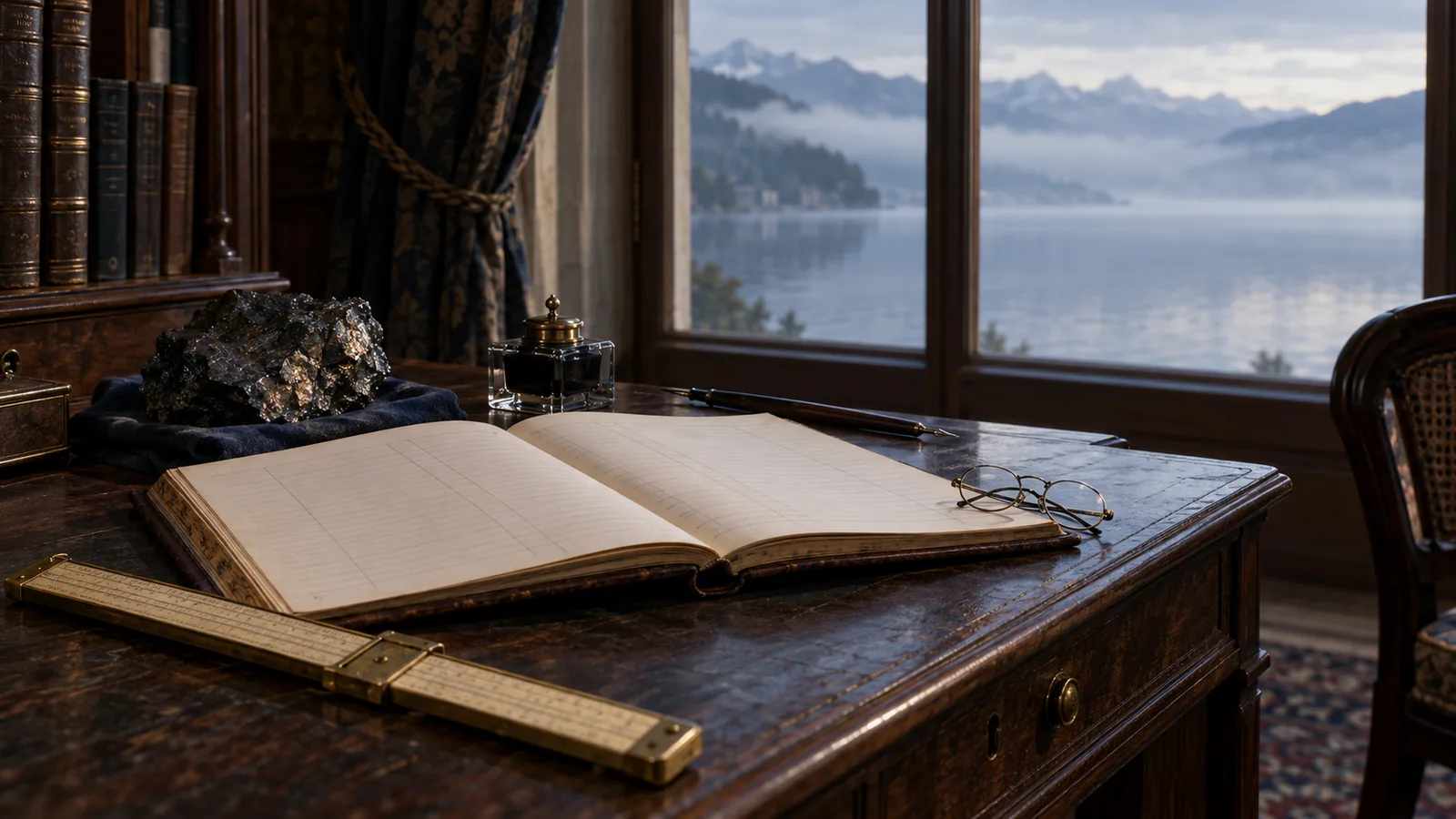 Escritorio de estudio junto a una ventana sobre un lago suizo con niebla: una regla de cálculo de latón, un libro de registro abierto con columnas en blanco y un trozo de mineral de hierro, evocación de Vilfredo Pareto, ingeniero y economista de Lausana