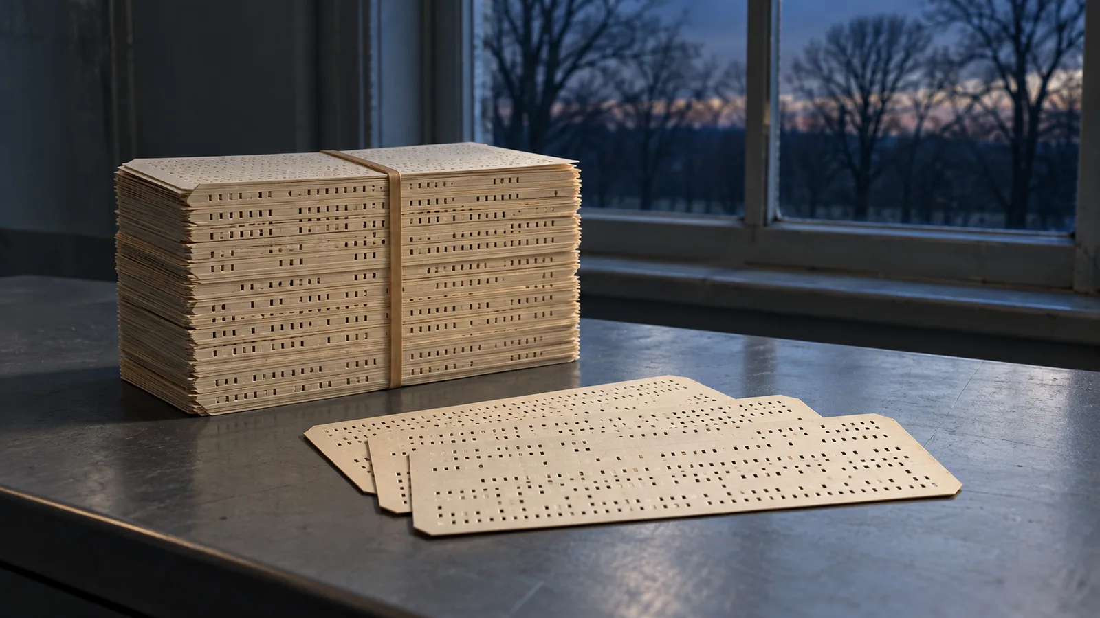 Pila de tarjetas perforadas en blanco sobre un escritorio metálico gris junto a una ventana con árboles de invierno al anochecer, evocación del primer modelo económico del clima que William Nordhaus construyó en el IIASA en 1974-75