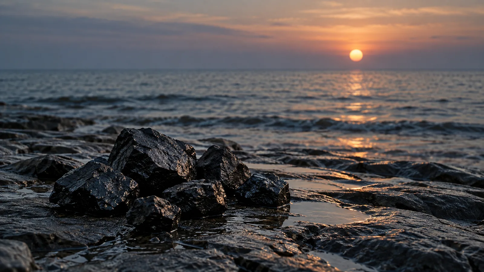 Trozos de carbón sobre rocas oscuras y húmedas en una costa al atardecer, con el mar en calma y un sol pálido velado por la bruma: evocación del carbón, el Sol y el mar en la vida de William Stanley Jevons