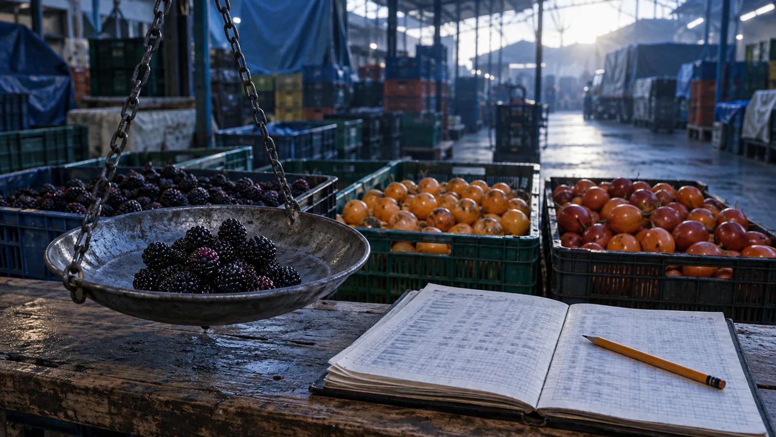 Puesto de fruta en una central de abastos con balanza y cuaderno de precios: datos listos para analizar.