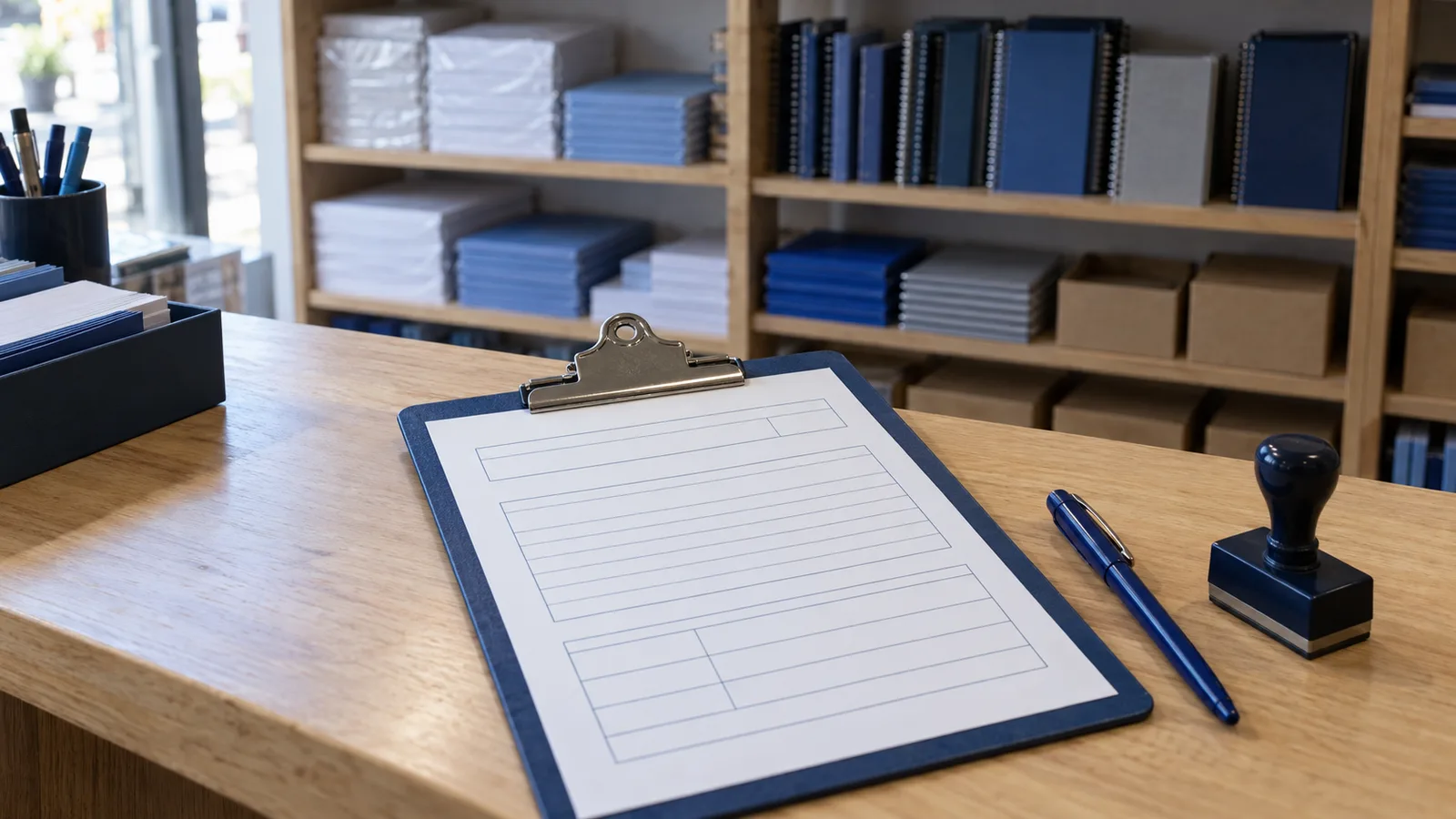 Formulario en blanco en un portapapeles sobre el mostrador de una papelería, base de datos en Excel