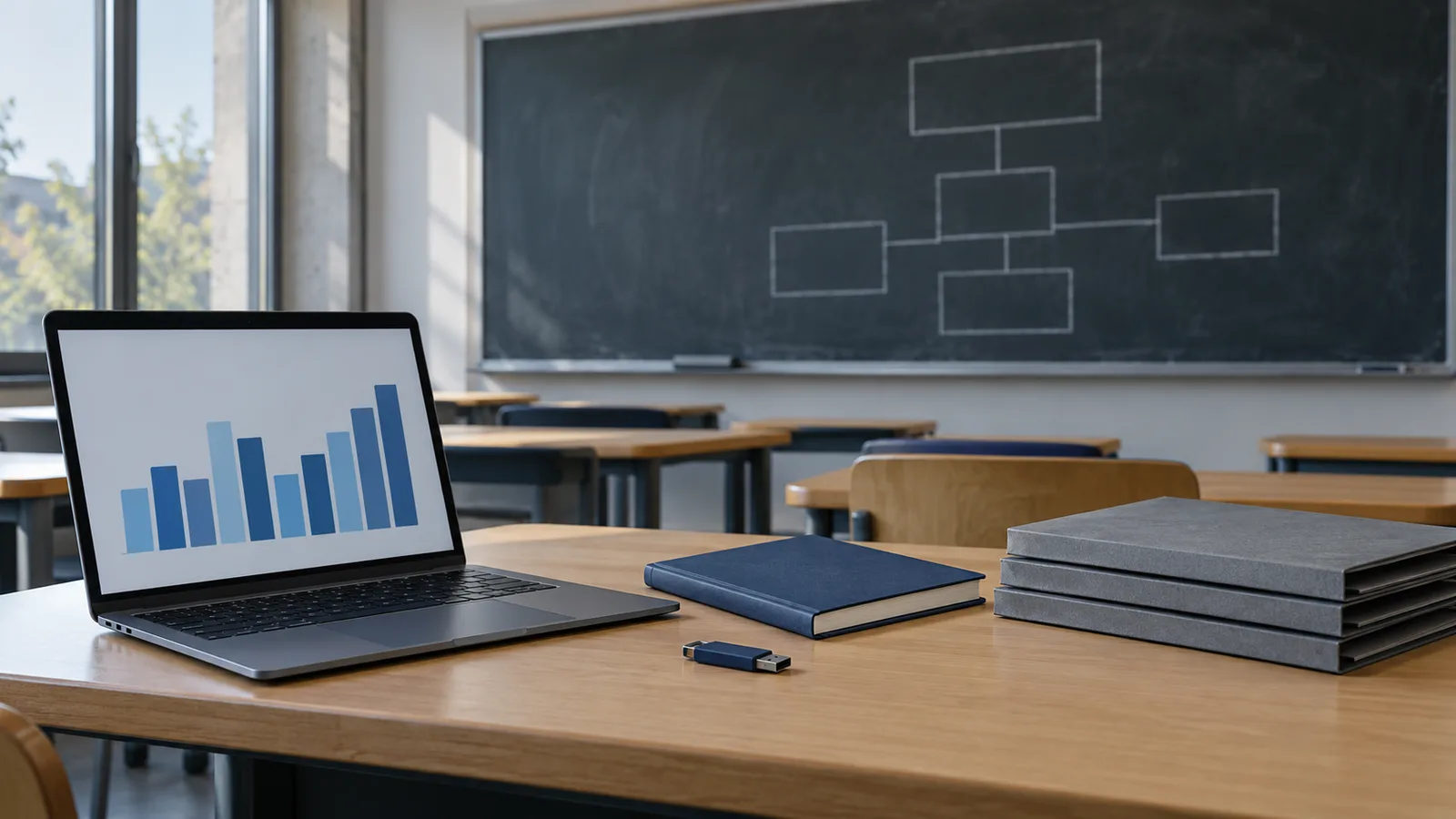 Pupitre con portátil frente a una pizarra con un diagrama de tablas para practicar bases de datos.