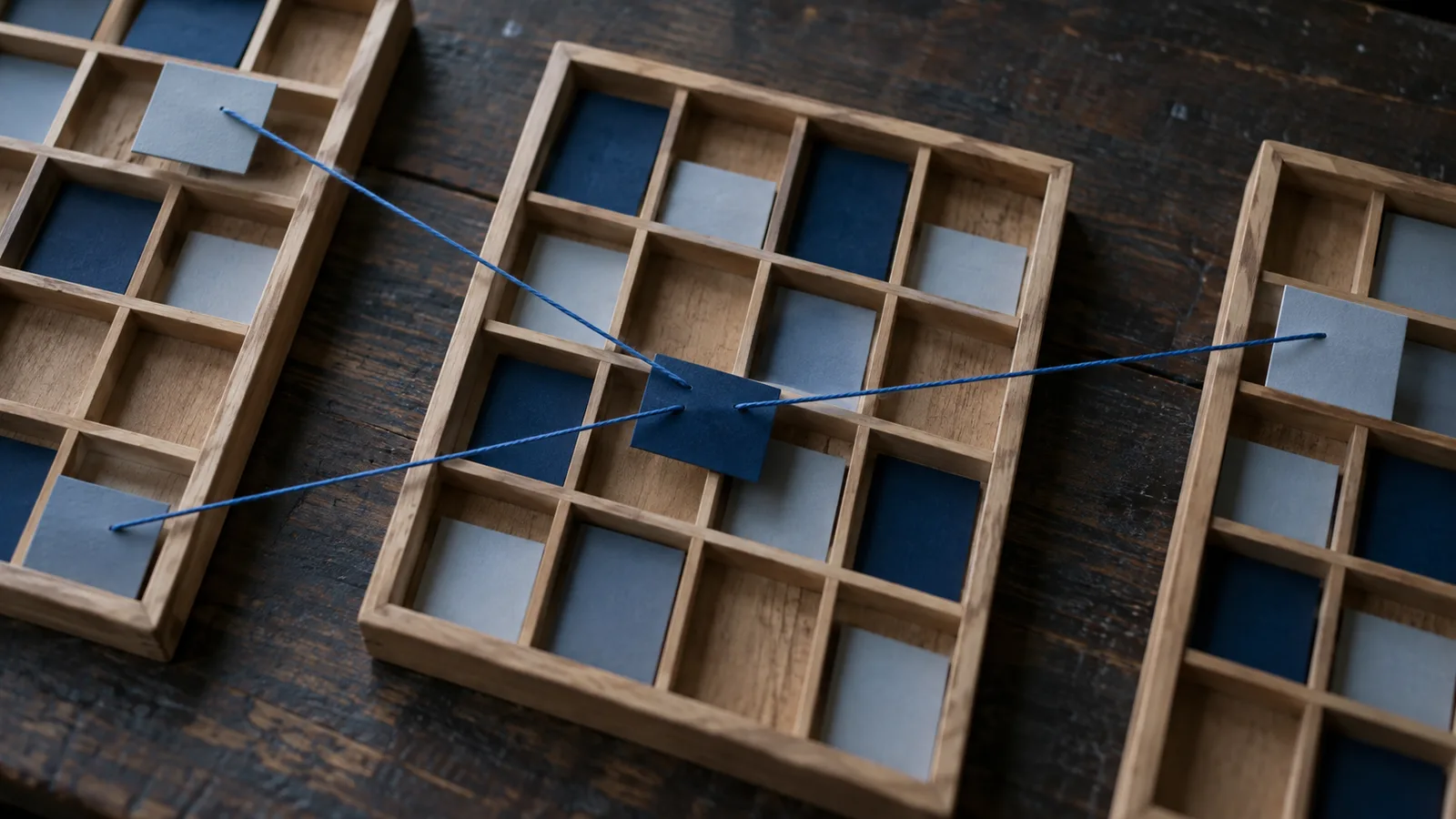 Tres bandejas de madera con fichas en blanco unidas por cordones azules, como tablas conectadas por claves.