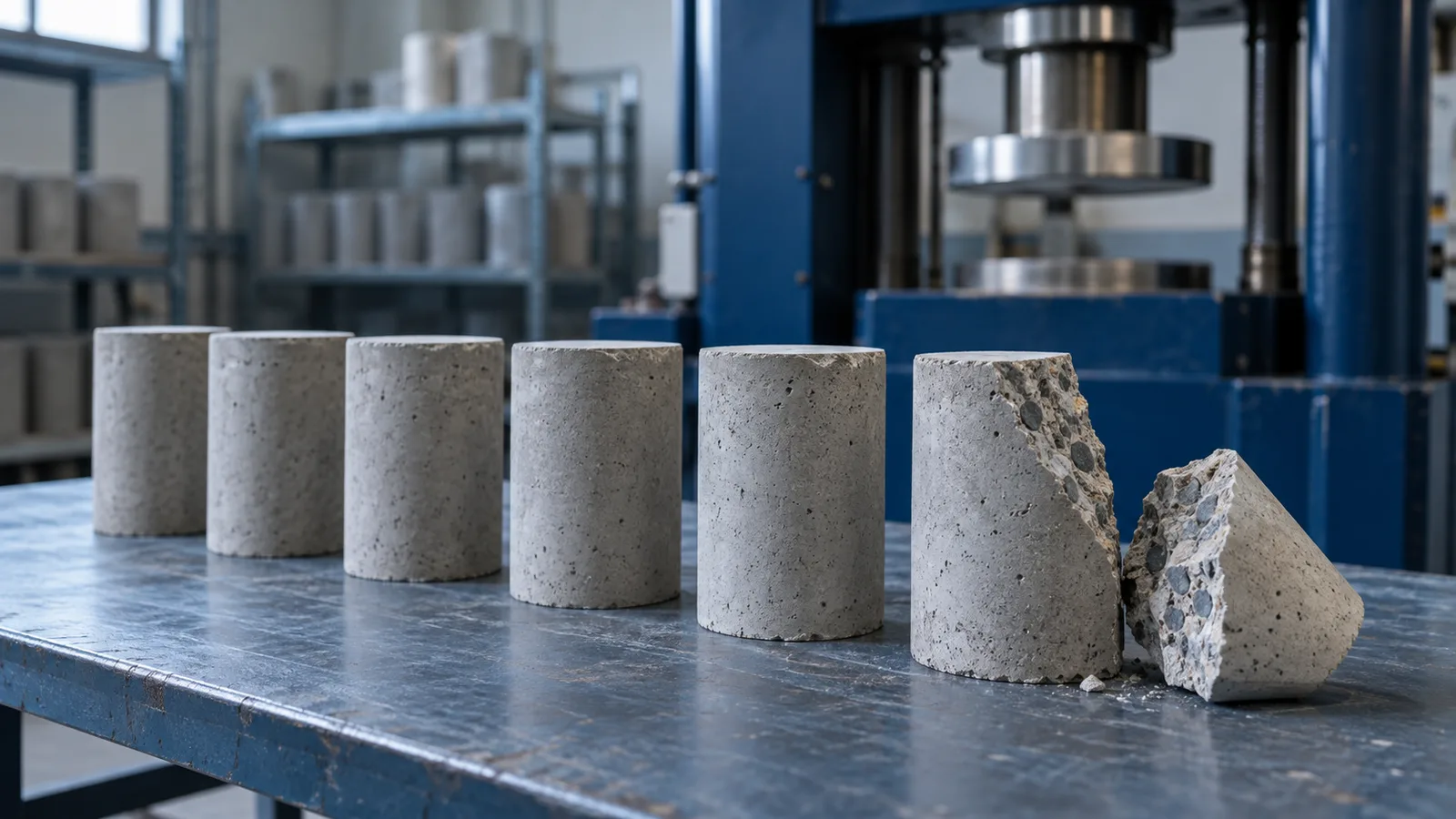 Probetas cilíndricas de concreto en un laboratorio de ensayos, una partida tras la prueba de compresión.