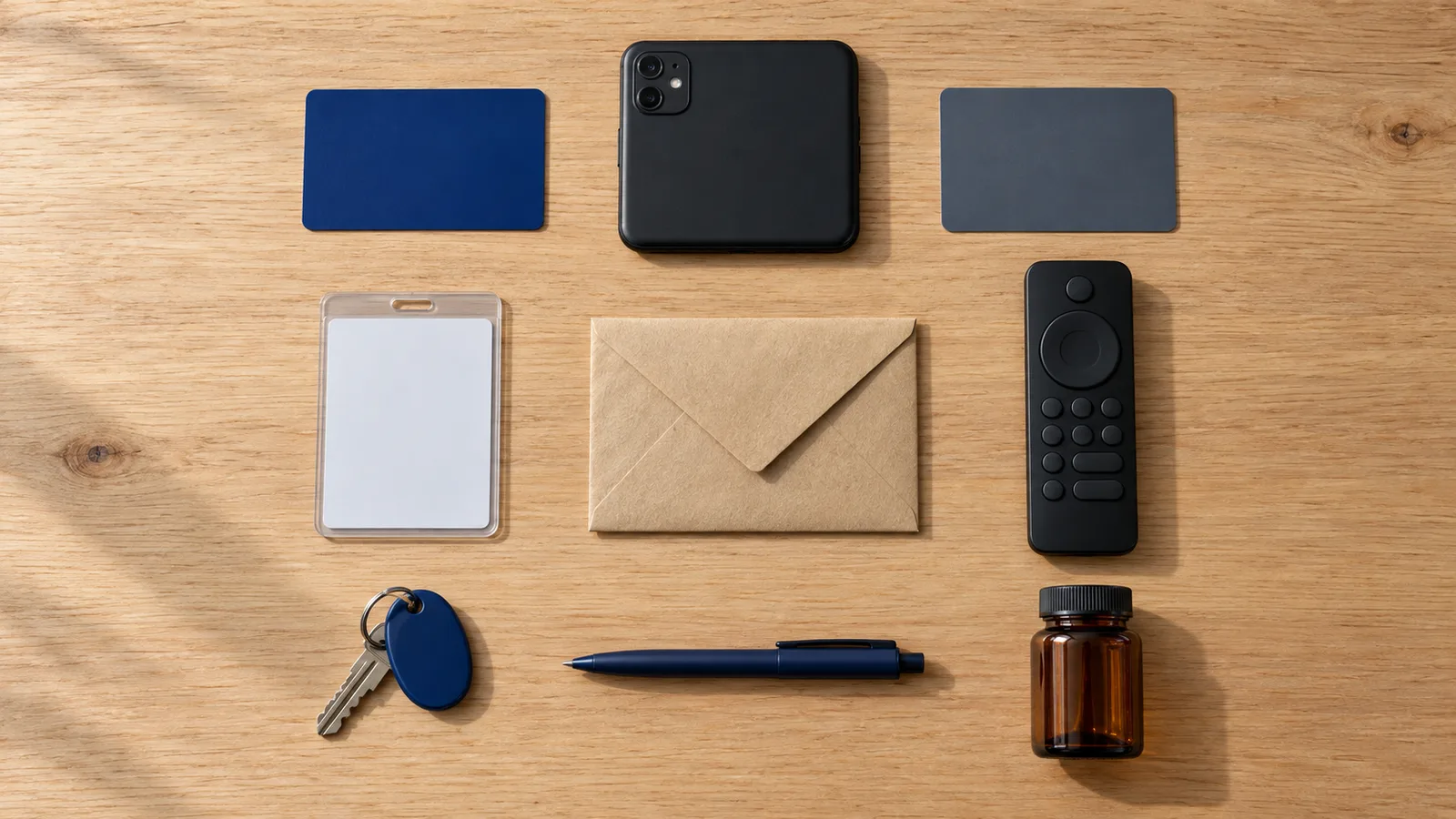 Objetos cotidianos en cuadrícula sobre una mesa: tarjetas, celular y llave, cada uno puerta a una base de datos.