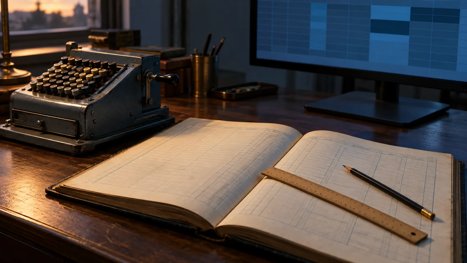 Libro contable de columnas con regla y calculadora de manivela, junto a una pantalla con una cuadrícula.