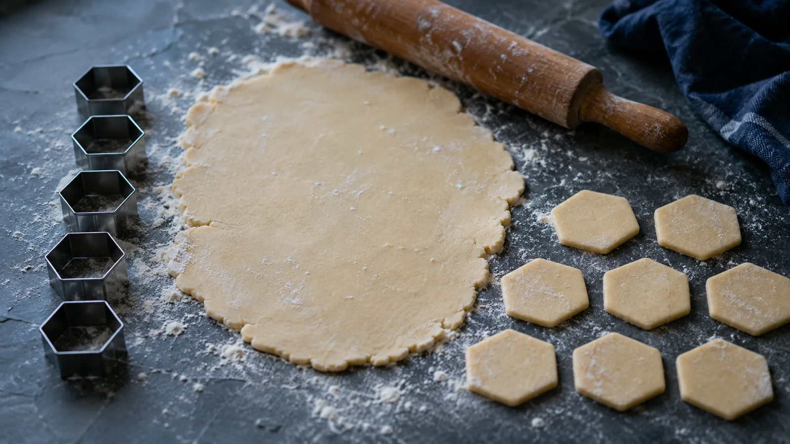 Cortadores de galletas de acero junto a figuras de masa ya cortadas, como un esquema y sus instancias.