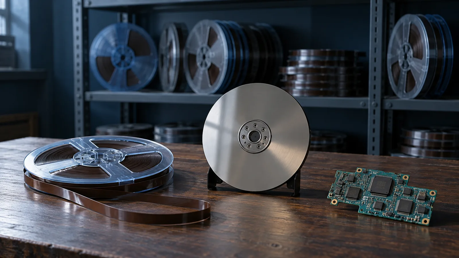 Carretes de cinta magnética en una estantería, un plato de disco duro y una placa de circuito, tres generaciones de datos.
