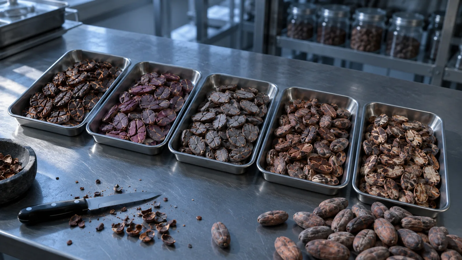 Granos de cacao partidos y ordenados en bandejas según su aspecto: ejemplos para que un modelo aprenda.