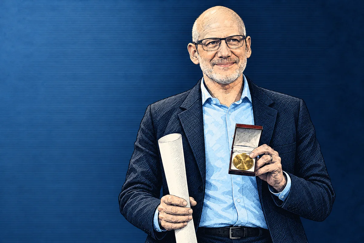 Retrato ilustrado de Marc Melitz, economista de la Universidad de Harvard especializado en comercio internacional, con una medalla y un diploma enrollado en las manos